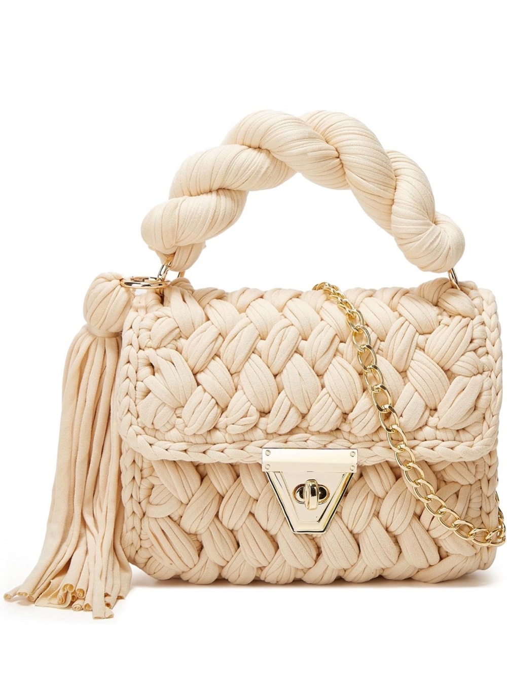 Amazon chunky knit Crochet crossbody top handle purse light beige NWOTgold chain